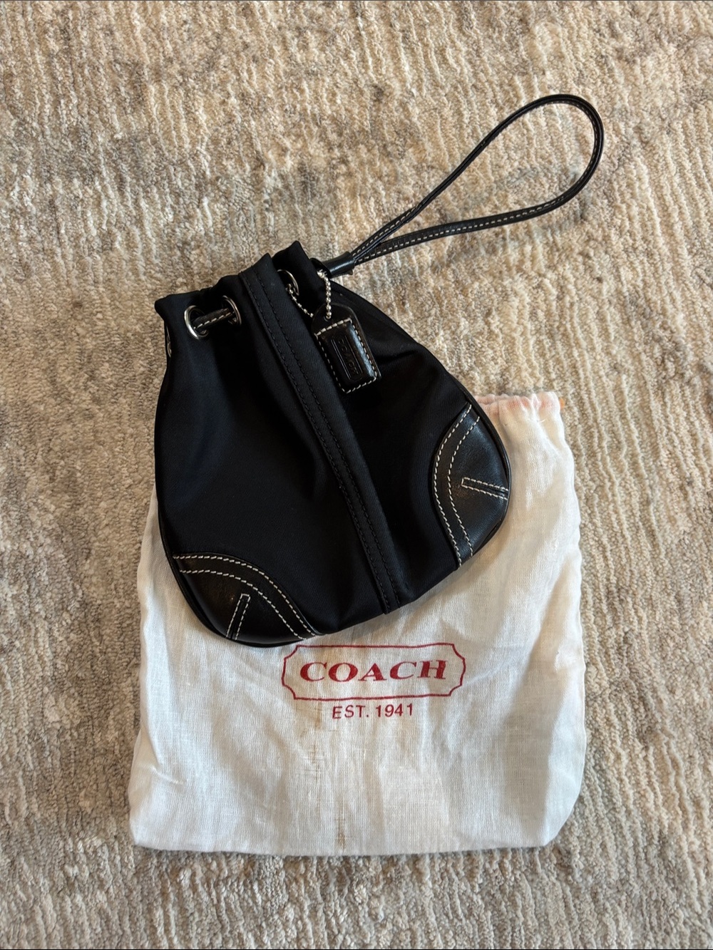 Coach Black Drawstring Wristlet with Contrast Stitching